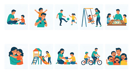 Fototapeta premium Set of flat vector illustrations featuring happy families engaging in various leisure activities and playful moments together in a bright minimalist style
