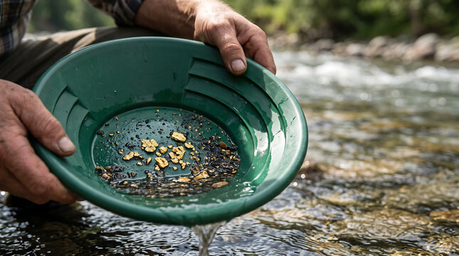 Man panning for gold in river with green pan and water