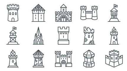 Fototapeta premium Minimalist Black and White Line Drawing Icons Set of Medieval Castles Towers and Ruins for Use with high quality professional line art symbols for modern creative design and digital branding projects