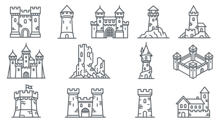 Obraz premium Modern Minimalist Line Drawing Collection of Various Stylized Castles and Fortifications in Black and White Art