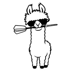 Fototapeta premium A cool llama with oversized sunglasses casually holding a dart in its mouth – effortlessly badass. Perfect for darts lovers, animal fans and anyone who appreciates swagger with a fluffy twist.