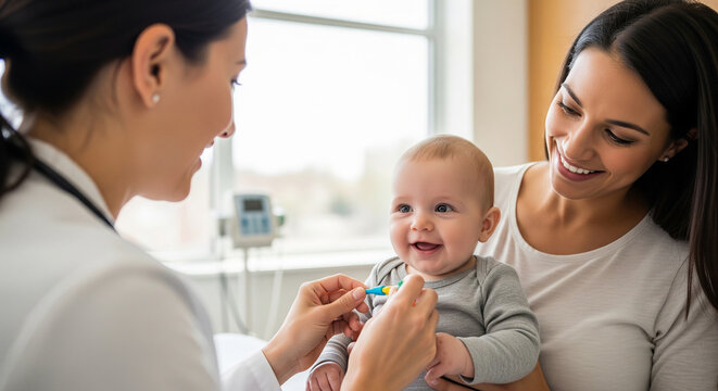 Mother smiling while pediatrician examines her baby perfect for infant medical checkup child healthcare and family clinic