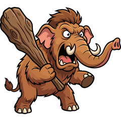 Fototapeta premium A cartoon mammoth holds a large wooden club aggressively.
