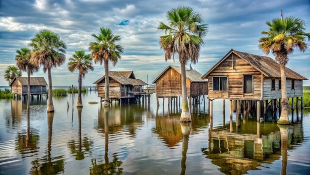 Serene Waterfront Dwellings on Stilts, Surrounded by Lush Palm Trees and Reflecting in Calm Waters