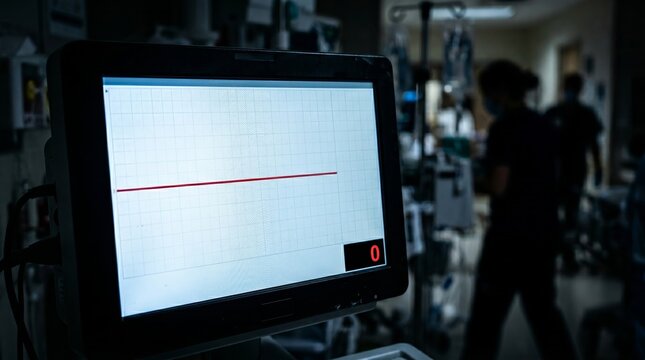A medical monitor shows a flatline indicating no heart activity in a dimly lit ICU. Concept of critical care, emergency, hospital equipment, and medical crisis situations. Generative AI
