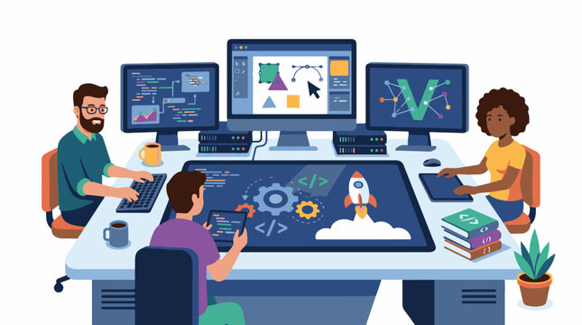 Three people collaborate on computer-aided design projects
