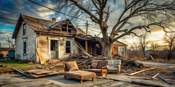 A derelict house, ravaged by time and the elements, stands amidst scattered debris, its remnants a testament to decay, with old furniture left outside, under a brooding sky at sunset.