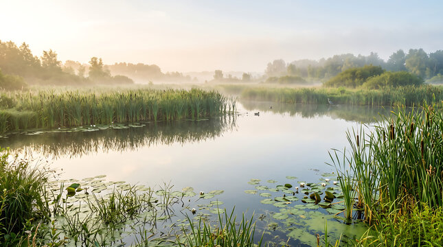 A serene marsh landscape with aquatic grasses and calm water at sunrise