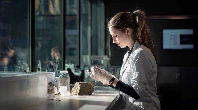 Laboratory analysis of mineral samples by a scientist in a modern lab setting. A scientist examines mineral samples in a bright, contemporary laboratory environment