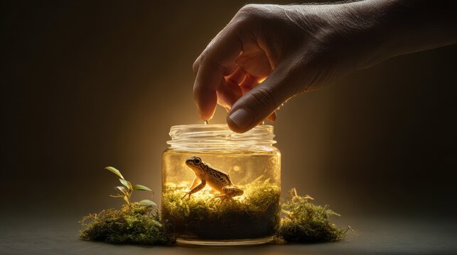 Tiny frog in a jar terrarium with moss and a hand adding water. A small frog sits in a miniature mossy habitat inside a glass jar, as a human hand delicately drips water into its enclosure