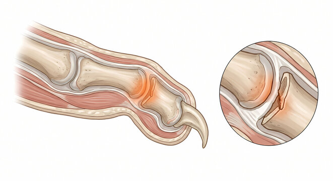 Detailed veterinary anatomical illustration of a cat digit joint dislocation on a white background
