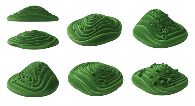 green stylized textured terrain objects isolated on a white background creating landscape shapes for artistic composition possible use in graphics