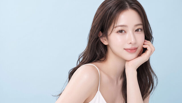 淡いブルー背景と広い余白のあるスタジオで頬に手を添えてやさしく微笑むロングヘアの若いアジア人女性、透明感のある美容・スキンケア広告向けビューティーポートレート