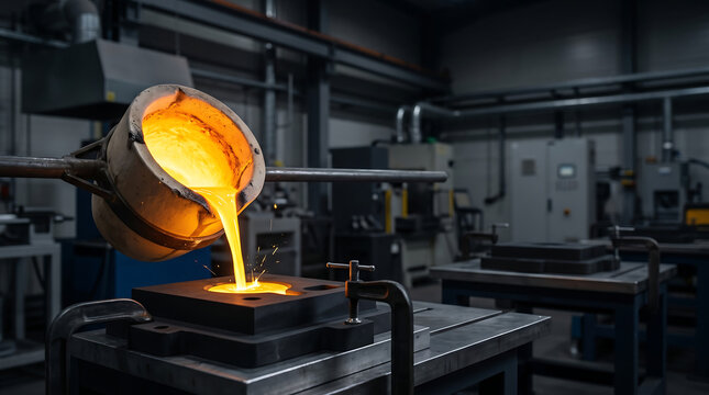 Molten gold pouring into a mold in an industrial setting
