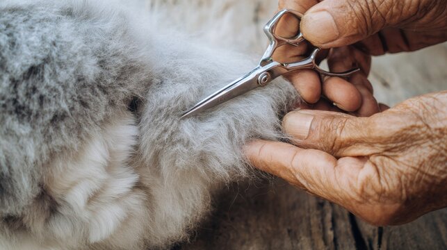 Close-up of elderly hands carefully trimming fluffy grey fur with small scissors. An older person's hands gently hold a fluffy grey animal's fur while using small scissors for trimming