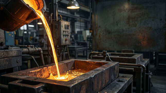 Molten metal pouring into a mold in an industrial foundry setting with machinery