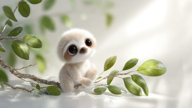 Adorable fluffy baby sloth big eyes sits on tree branch surrounded by leaves. Cute, fuzzy, cartoon-style baby sloth large, dark eyes is perched on branch, looking innocent curious amidst green foliage