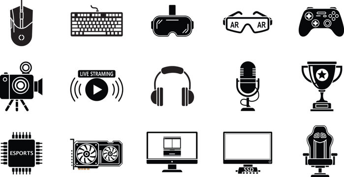 Set of black flat vector gaming icons featuring high performance computer hardware peripherals and professional streaming equipment for modern gamers