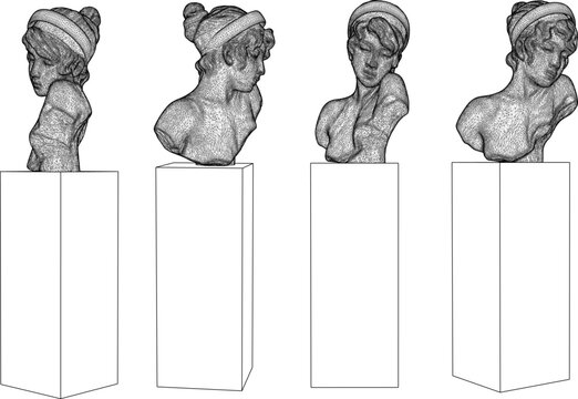 Complete set of 3D rendered classical female head sculpture model sheets with a tall plinth from front, side, and back angles