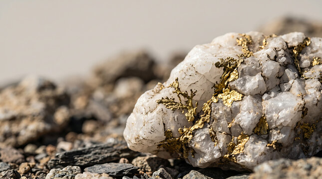 A close-up view of a white rock with gold flecks on a rocky surface
