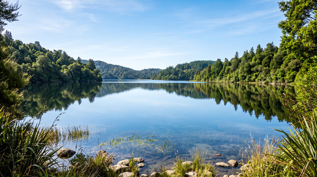 Serene lake surrounded by lush greenery and trees on a sunny day with clear blue water reflection