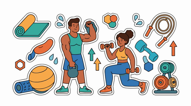 A colorful illustration of a man and woman engaging in various fitness activities