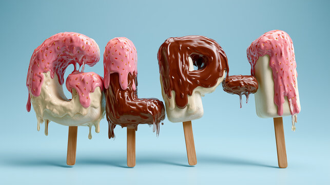 melting ice cream alphabet letters with strawberry and chocolate glaze for playful summer dessert typography design