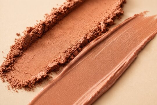 Close-up comparison of loose and compacted rose-brown eyeshadow swatch on neutral background, makeup and cosmetics beauty product display, detailed texture contrast