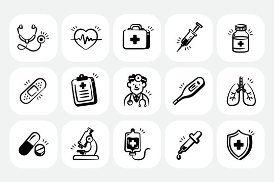 Healthcare set of web icons in hand drawn wonnly style. Medicine and Health Care linear icon collection. Containing emergency, doctor, treatment, medical, report, diagnosis, health, prevention. Vector