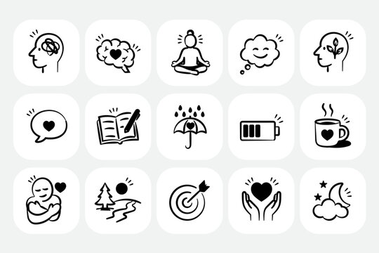 Set of 15 wobbly icons related to mental health. Linear icon collection. Vector illustration