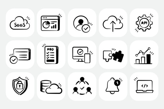 Saas Wobbly Icon Set. Cloud, Cloud Subscription, Multi Tenant Platform, Cloud Hosting, Api Integration, Dashboard, Subscription Model. Vector illustration