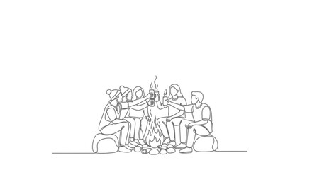 Obraz premium Continuous line drawing of a group of friends sitting around a campfire.