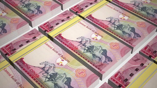 Stacks of 1 BHD or One Bahraini dinar banknotes or currency. Neat Rows of Bahrain 1 Dinar Bank note in 3D Motion. 4k Animation.