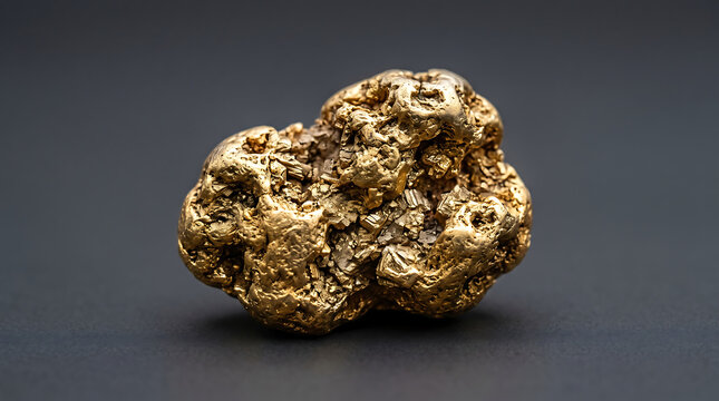 A large gold nugget sits on a dark surface with a metallic sheen.