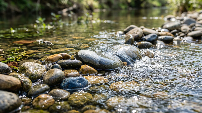 Water flows gently over rounded stones in a serene natural river setting outdoors