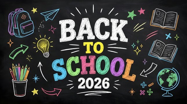 Back to school 2026 typography design on black chalkboard background with colorful chalk drawn doodles pencils books backpack and globe