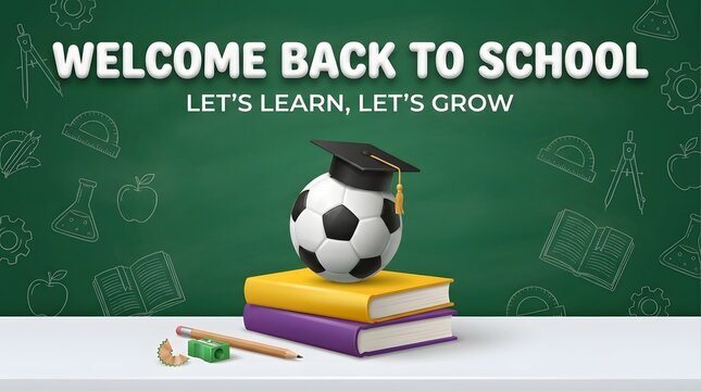 Welcome back to school typography banner design with 3d soccer ball wearing graduation cap on stack of books with green chalkboard background