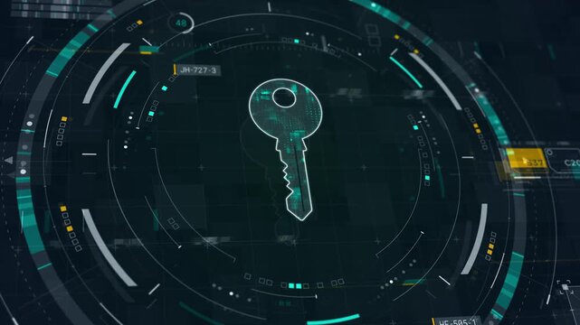 Motion graphic of an illuminated digital key surrounded by a futuristic HUD, perfect for encryption technology branding, cybersecurity, and data protection
