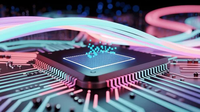 Vibrant glowing circuit network pulsating with rhythmic light patterns futuristic technology background