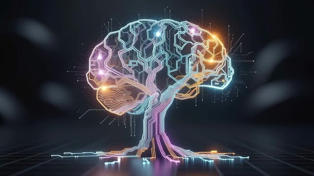 Illuminated brain made of vibrant circuits glowing with pulsating energy futuristic technology concept