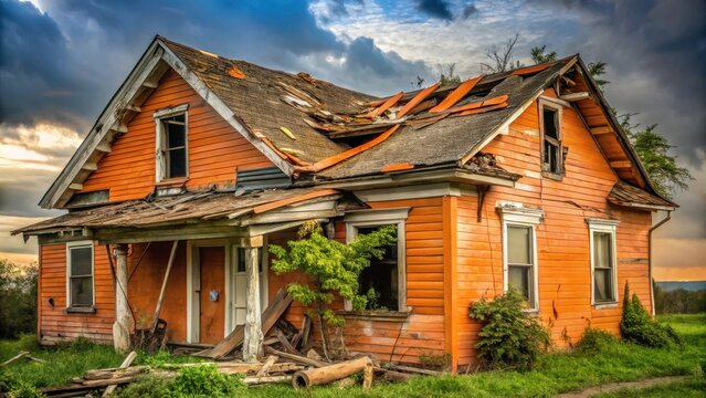 A dilapidated orange house with a severely damaged roof, overgrown vegetation, and a partially collapsed porch, stands against a dramatic sunset sky