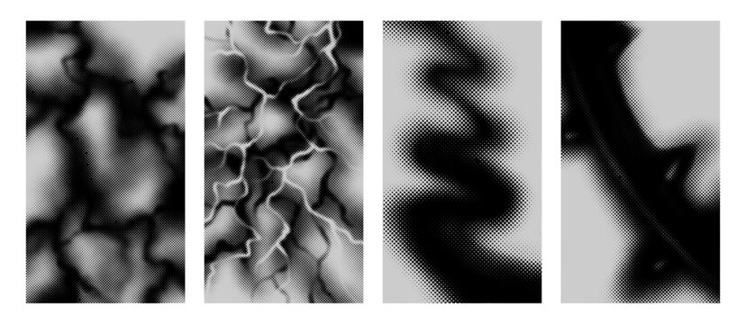 Vertical story set of halftone dotted illustration y2k abstract dynamic wave backgrounds. Smartphone layouts with curved line fluid ribbon pattern minimalist overlay templates clip art.
