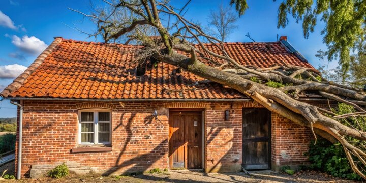 Brick building damaged by fallen tree trunk, requiring roof repair and potential structural assessment
