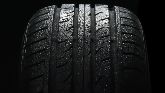 Car Tire After Car Wash. The surface of a car tire covered with shiny water drops slowly floats in front of the camera close-up