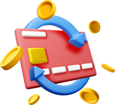 3D credit card with circular arrow and gold coins.