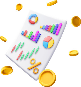 3D Financial report with business chart and coin