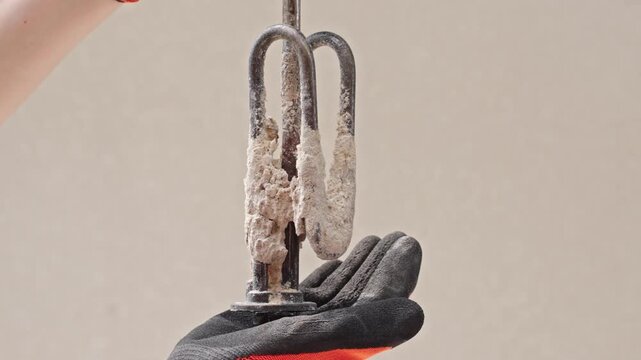 Technician Holding Failed Water Heater Heating Element Covered With Heavy Limescale From Hard Water. Appliance Repair, Maintenance And Heating Element Replacement Concept.