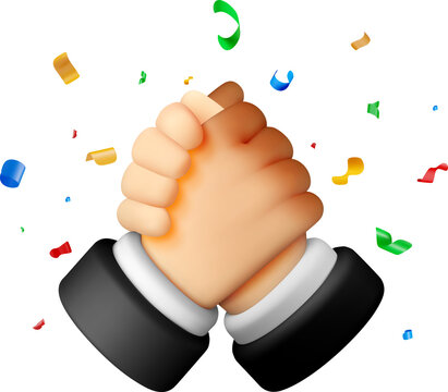 3D Two hands shaking in a firm grip with confetti.
