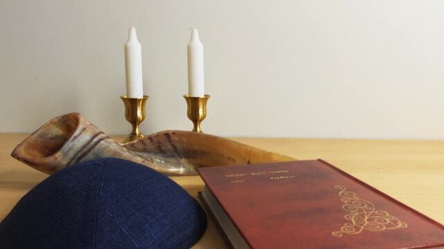 Jewish rosh hashanah objects with shofar and torah