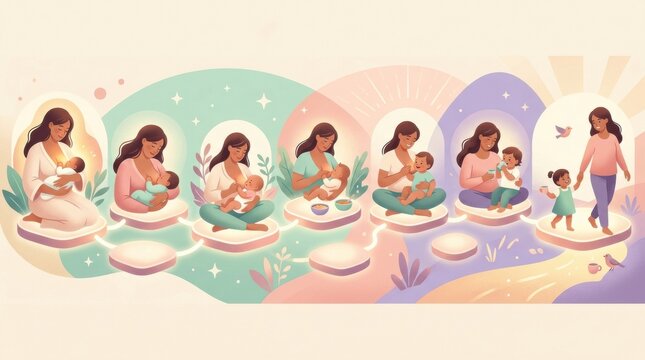 The illustration depicts a mother breastfeeding her baby, showcasing her support and nurturing at various stages of motherhood.